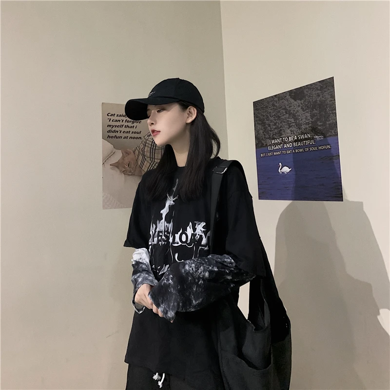 Винтажная Повседневная футболка с буквенным принтом, Женская Корейская Harajuku, женские футболки, топы, японская женская одежда Ulzzang для женщин