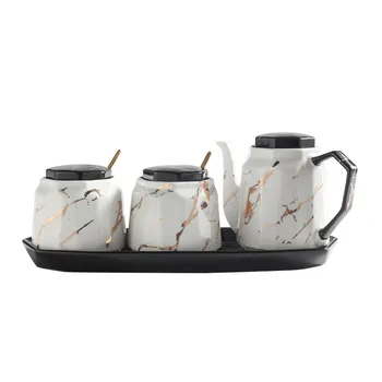 

Creative and simple marble grain gold ceramic seasoning pot group Nordic color glaze household kitchen salt pot seasoning box
