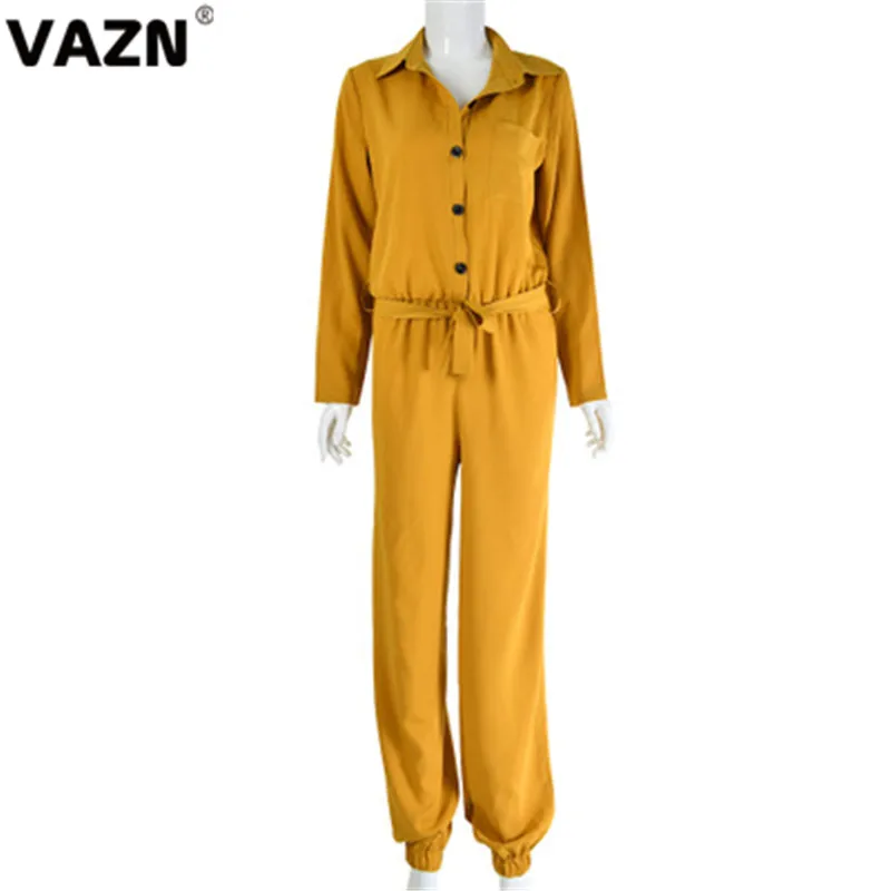 VAZN FD8178 Желтый сплошной Карандаш Bodycon длинные штаны сексуальный женский комбинезон с отложным воротником Длинные рукава спортивные костюмы длинный комбинезон - Color: Yellow