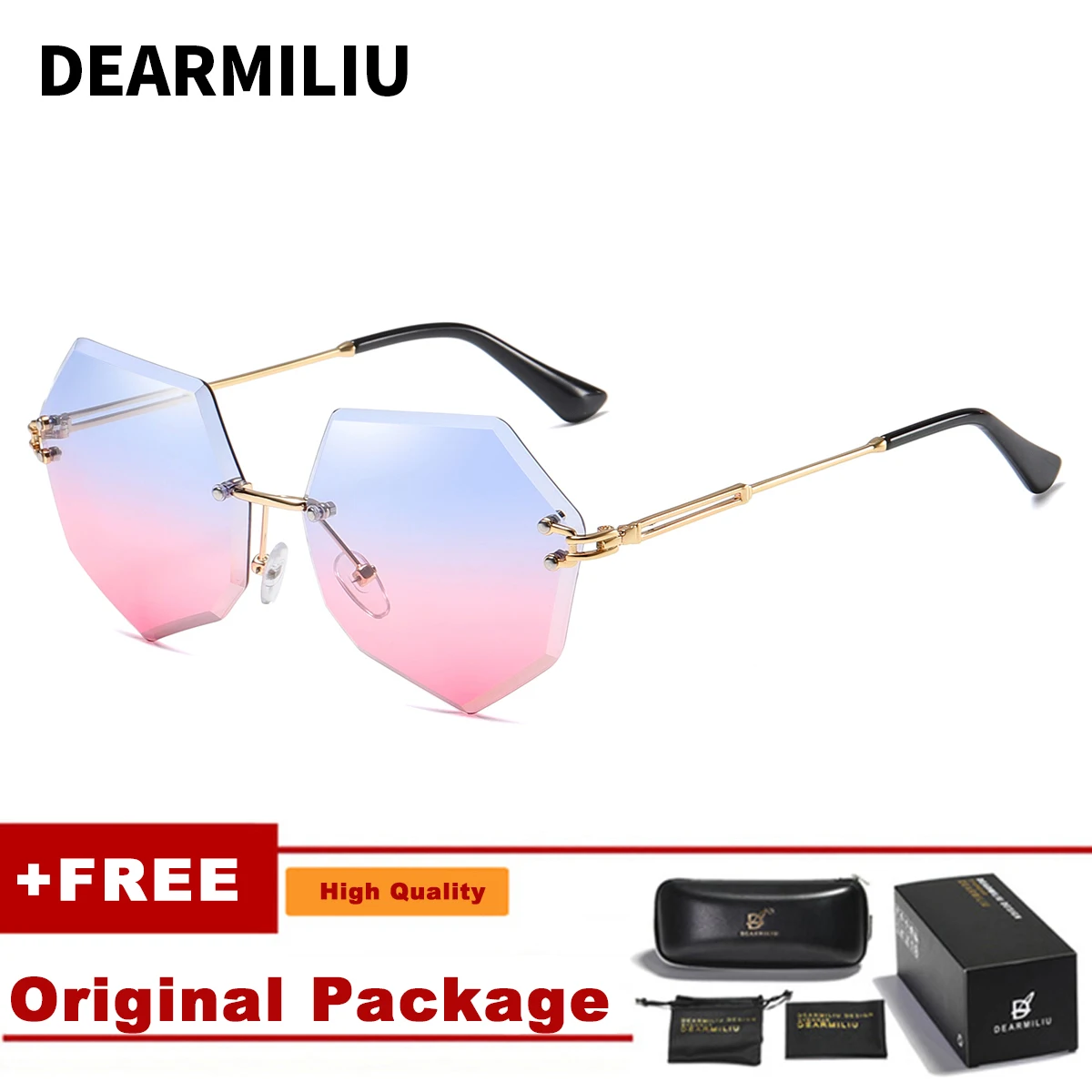 DEARMILIU Brand Designer Round Sunglasses Women Oversized Polygon Gradient Brown Pink Rimless sun glasses For female UV400 - Цвет линз: Blue Pink 5
