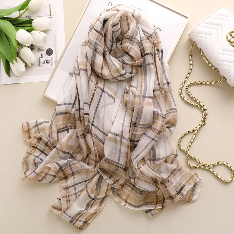 Simple Plaid Silk Scarf Women Casual Shawls and Wraps Lady Travel Sunscreen Pashmina Large Long Foulard Thin Blanket Hijab Femme
