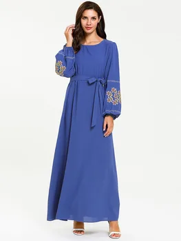 

Embroidery Muslim Abaya Dress Women Lace-up 2020 Spring New A-line Long Dress Big Swing Jubah Robes Dubai Turkey Islamic Clothes