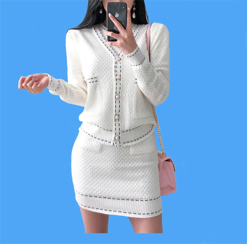 

New Autumn winter Runway Plaid Tweed Set Women White Single-breasted Jacket Coat +Mini Tassel Wool Blend Skirt Suit