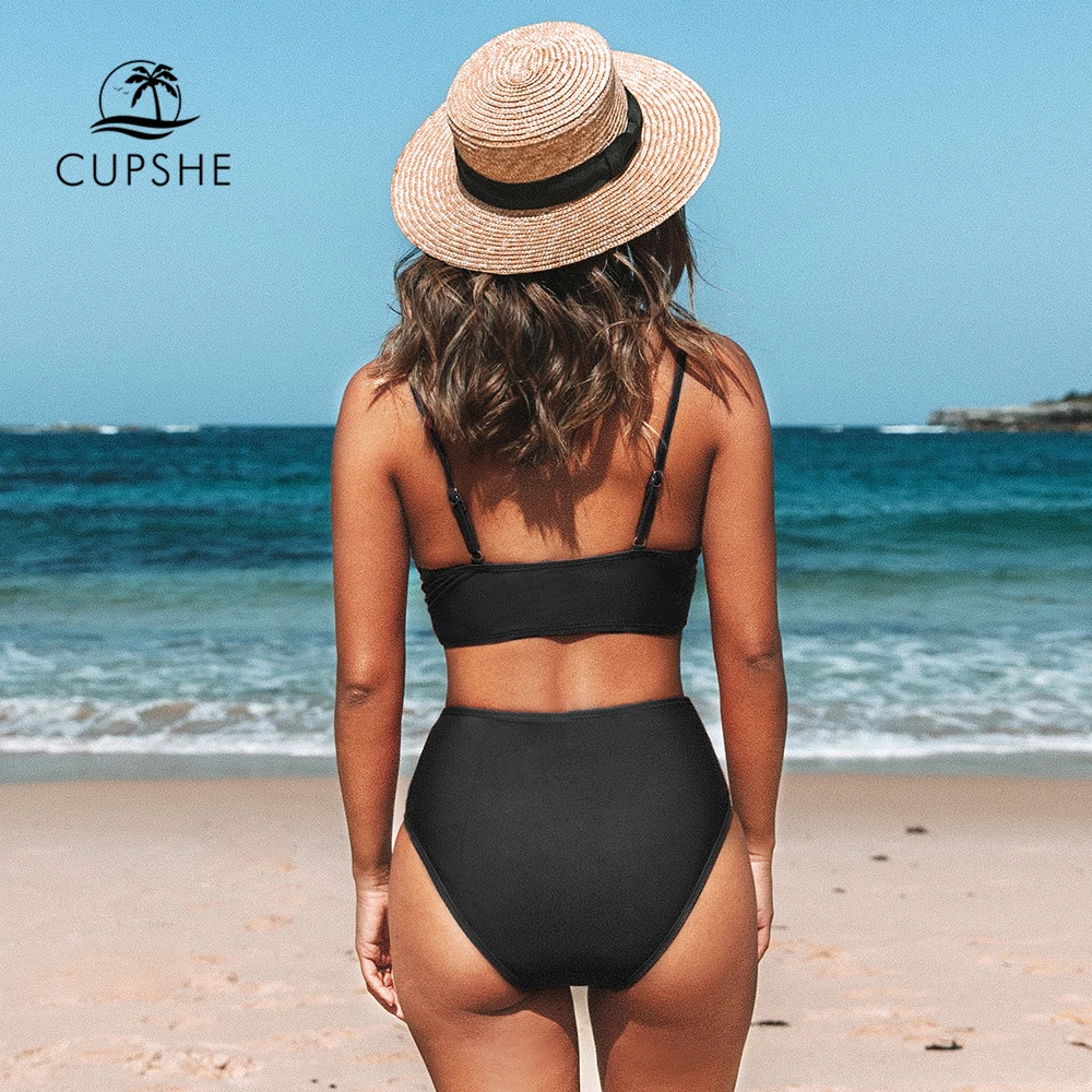 CUPSHE Solid Black Twist High Waist Bikini Sets Swimsuit For Women Sexy V-neck Tank Two Pieces Swimwear 2022 Beach Bathing Suit 2