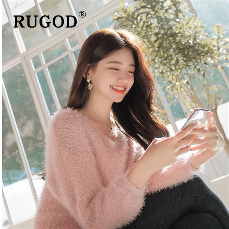 RUGOD women sweet pink sweater women elegant v neck long sleeve mink cashmere sweater casual spring knitted pullover pull femme