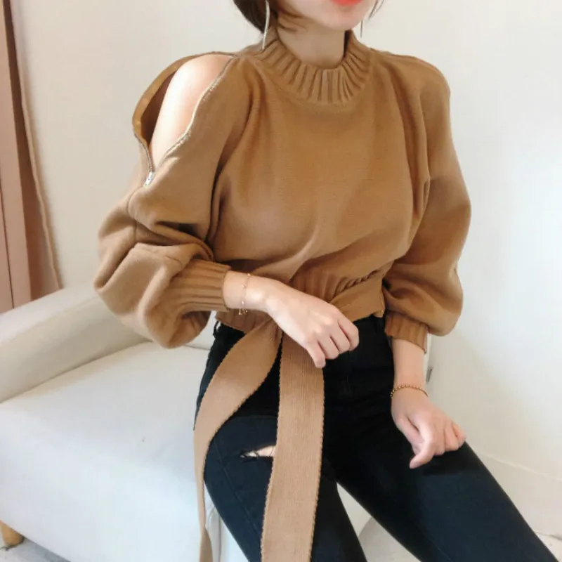 Zipper short ribbon long sleeve off shoulder Pullover Zipper short ribbon long sleeve off shoulder Pullover