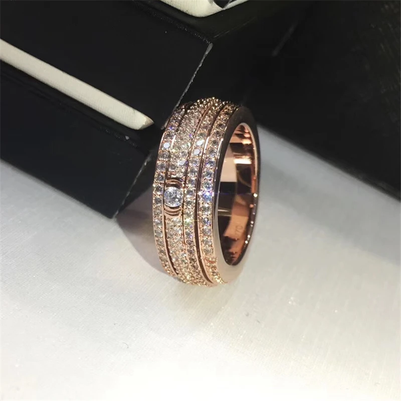 Rose Gold Роскошное полное бриллиантовое вращающееся 18k Платиновое/розовое позолоченное кольцо женское широкое обручальное кольцо для помолвки проложить фианиты кристаллы - Цвет камня: Rose Gold