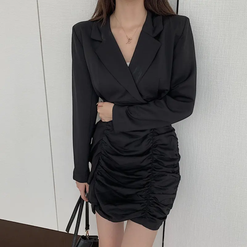 

Alien Kitty Slender Women Pleated Gentle Plus Size All Match Fashion Elegant Chic Full-sleeved Slim Sweet Solid Mini Dresses