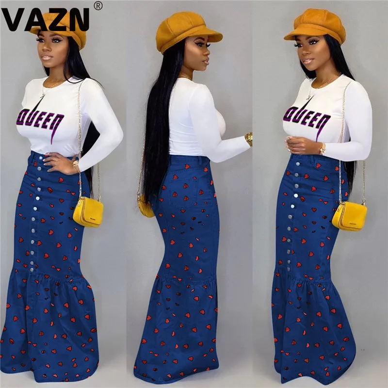 VAZN YD8148,, для молодых леди, для заметок, сексуальные, популярные, в горошек, для молодых каникул, стиль, высокая талия, для женщин, деним, карандаш, длинные юбки