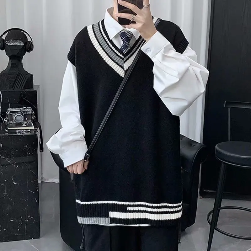 College Sweater Vests Men Couples Patchwork V-neck Sleeveless Knitwear Jumpers Male Fashion Simple Daily Warm Loose Streetwear