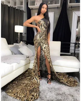 

Elegant Black Girls Mermaid Prom Dresses 2020 Split Gold Sequined Sexy One Shoulder Prom Gowns African vestidos de fiesta