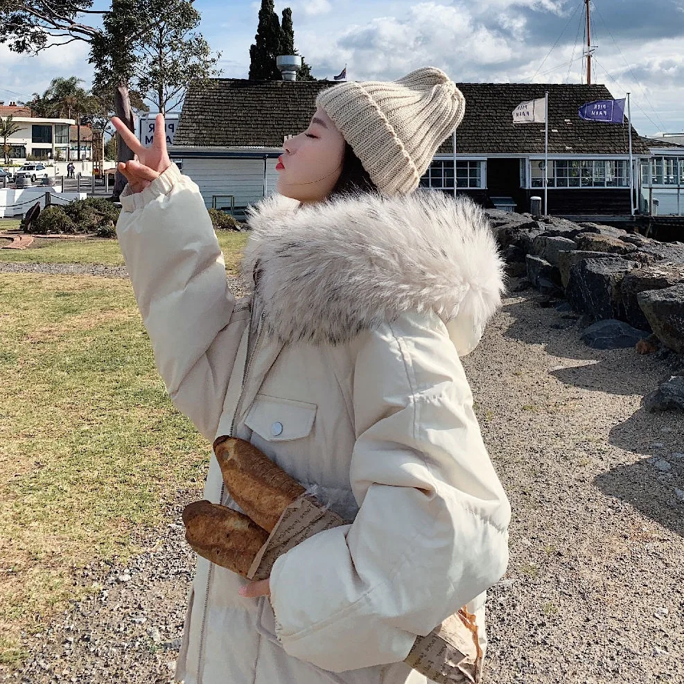 

Photo Shoot INS College Style Soot Blue Big Fur Collar Hooded Loose-Fit People Do Not Pick Thick down Coat Cotton Overcoat Women