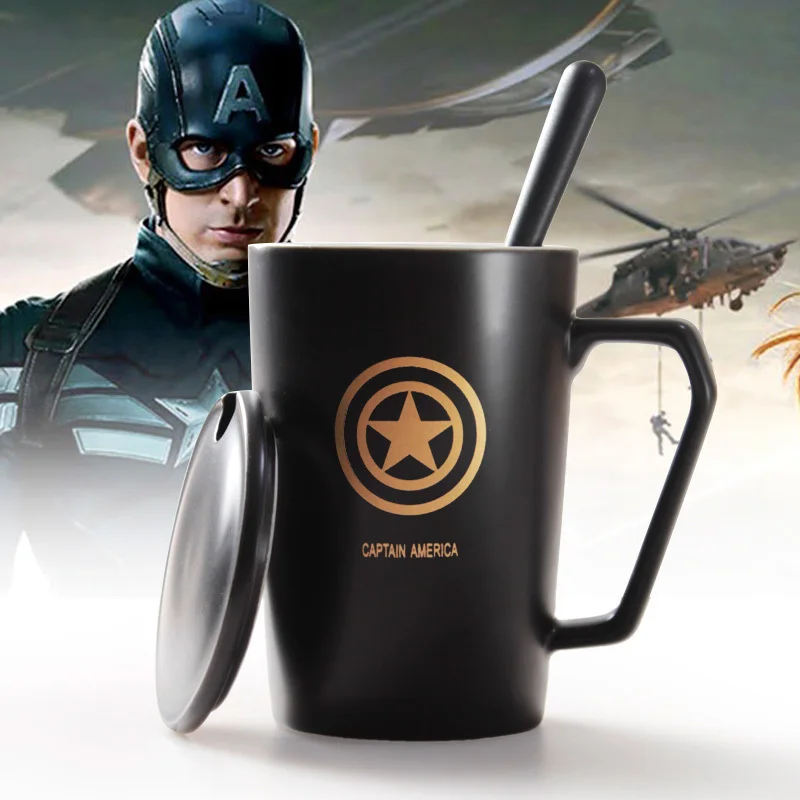 6.Captain America Мстители Лига Легенды керамическая кофейная чашка с крышкой Ложка супергерой кружка Бэтмен Супермен Капитан Железный человек паук Caneca чашки - Цвет: 6.Captain America