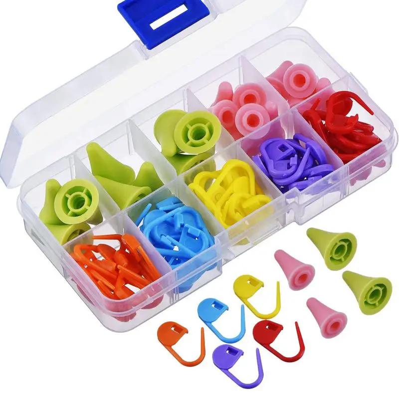 

New-60 Pieces Knitting Crochet Locking Stitch Markers Mix Color and 20 Pieces 2 Sizes Knitting Needles Point Protectors/ Stopper
