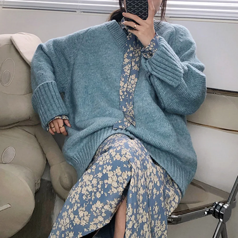 

V-neck Sweater Winter Thick Solid Color Korean Casual Loose Long-sleeved Split Pullover Top Trend Five Colors One Size Tops