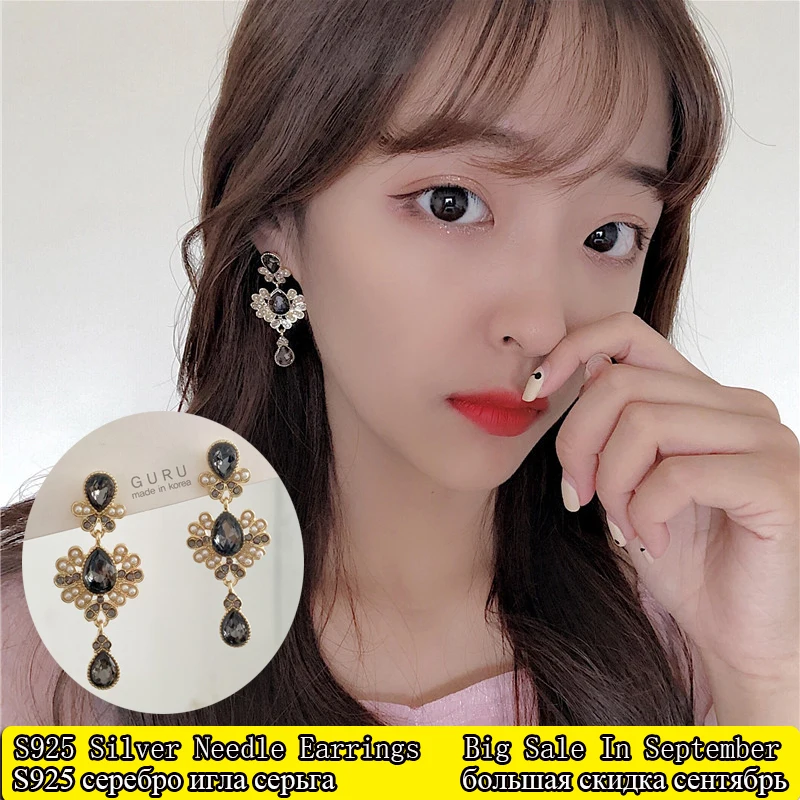 

S925 silver needle drop earrings with crystal for women gold black flower crystal earrings wholesale girls party jewelry