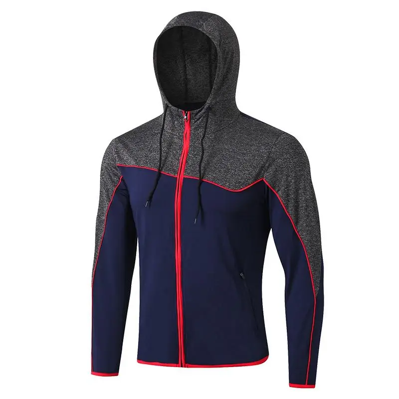 Navy blue-red line Мужская спортивная куртка на молнии с капюшоном для бега, толстовка, спортивная мужская куртка с капюшоном, толстовки для бега, спортивные пальто - Цвет: Navy blue-red line