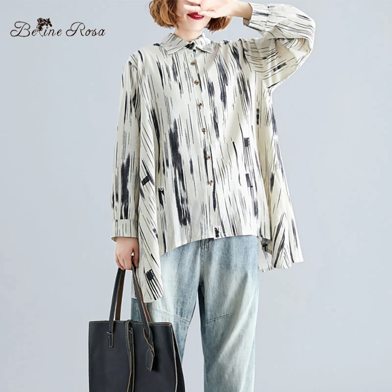 

BelineRosa European Casual Style Irregular Women Blouse Striped Plus Size Women Clothing YYBW0004