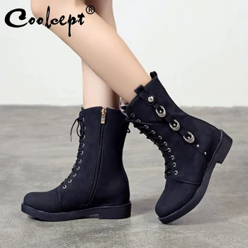 

COOLCEPT Women Half Short Boots 2020 New Winter Keep Warm Fur Casual Lace Up Flats Shoes Women Gothic Punk Footwear Size 34-43