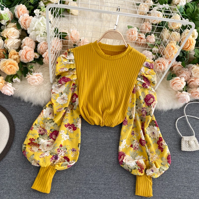 

Women's Spring Autumn Runway Fashion Flower Print Patchwork Shirt Female Vintage High Waist Casual Blouse Tees Tops TB1600