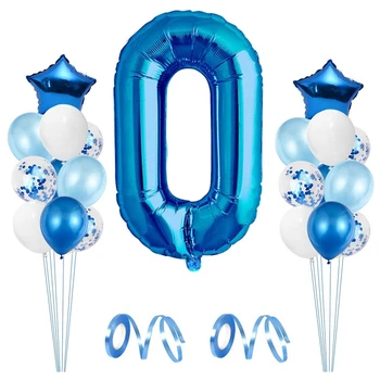 

NEW-29Pcs Boy Number 0 Balloons Decor Balloon for Baby Shower Birthday Party with Latex and Confetti Balloons Ribbon