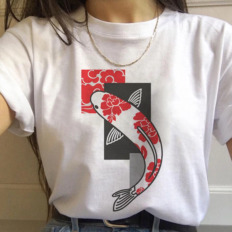 Japan Koi Fish Graphic Print T-shirt Women 2021 New Summer Fashion White  Tops Tshirt Harajuku Aesthetic Vintage Female T Shirt