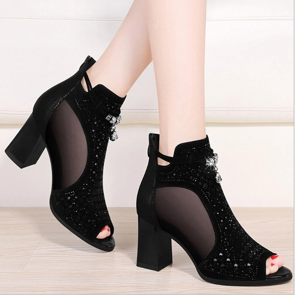 Women Fashion Crystal Fish Mouth Hollow Out Peep Toe Sandals High Heeled Shoes Sexy British Wind Square Heel For Travel Apr 11 | Обувь