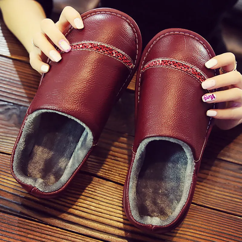 Wine red Genuine leather shoes for men home slippers flat natural rubber slippers male High quality unisex fur shoes chaussures hommes - Цвет: Wine red