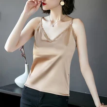 Silk Top Women Sexy Sleeveless Top Plus Size Camis Tops Women Summer Halter Tops Korean Woman Satin Lace Strap Vest Tees Female