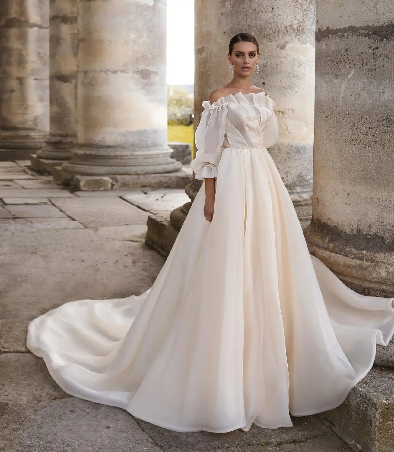 

Modest Satin 2020 Wedding Dresses Off The Shoulder Long Sleeve Bridal Gowns Sweep Train Wedding Dress