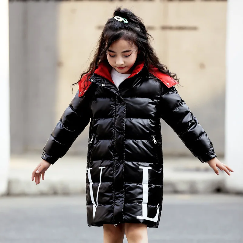 

2019 New Girls Big Fur Collar Hooded Down Jackets Children Bright Long Down Coats Girl Short Thick Padded Jacket