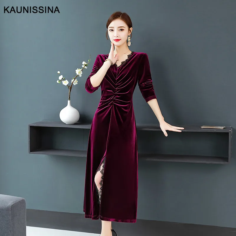 Wine Red KAUNISSINA, весенне-осеннее коктейльное платье, бархатные вечерние платья с длинным рукавом, однотонные сексуальные платья с v-образным вырезом и разрезом для встречи выпускников - Цвет: Wine Red