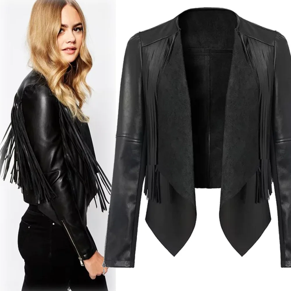 

Women Autumn PU Jacket with Tassels Patchwork Faux Leather Jacket Drop Shipping