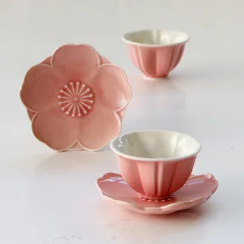 

French creative pink special shaped ceramic flower tea cup and dish set for women's ceramic afternoon tea cup with dish