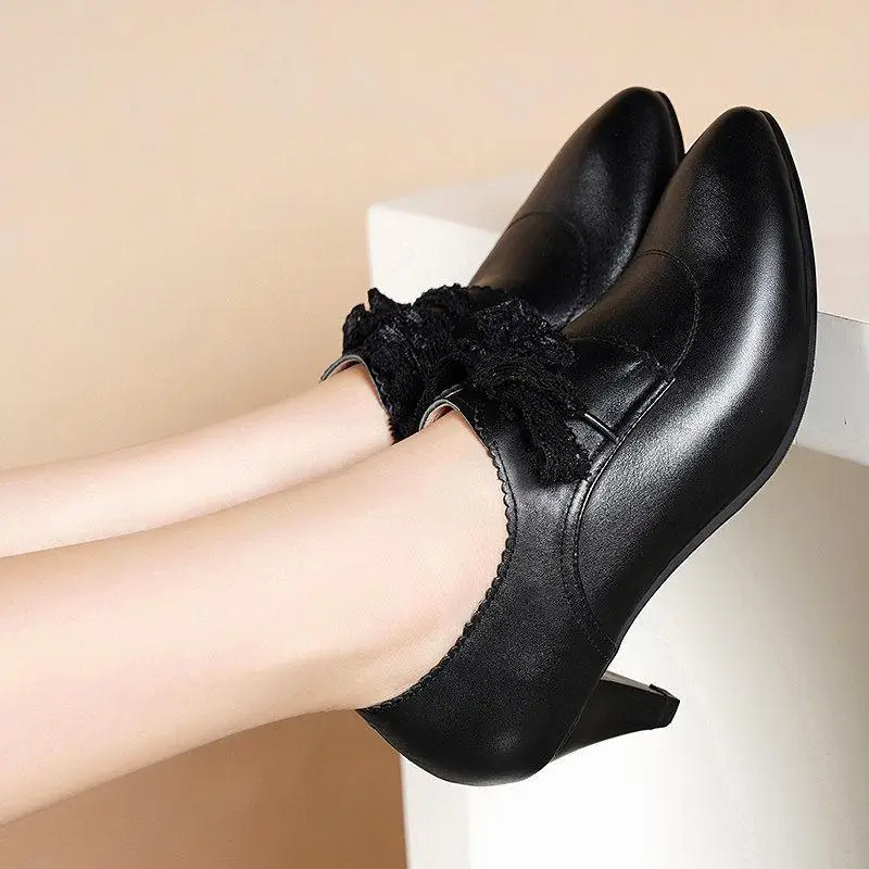 

Women Shoes Spring Winter PU Leather Pointed Toe Thick High Heel Solid Mom Shoes Lace Up Wedding Female Pumps Plus Size U22-56