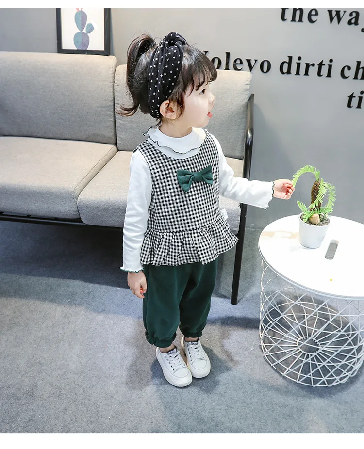 Girls Autumn Set Bow Plaid 3pcs Set Baby Girls Plaid Suit 10.11