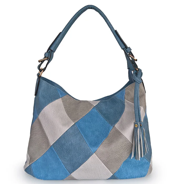 Женская сумка из искусственной кожи в стиле пэчворк, винтажная женская сумка через плечо, женская сумка-хобо, сумка-мешок, Большая вместительная сумка-тоут - Цвет: Blue