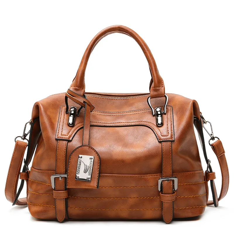 

Factory Direct Supply 2019 New Style Oil Wax Leather WOMEN'S Bag European And American-Style Boston Soft Leather Large Bag Tote