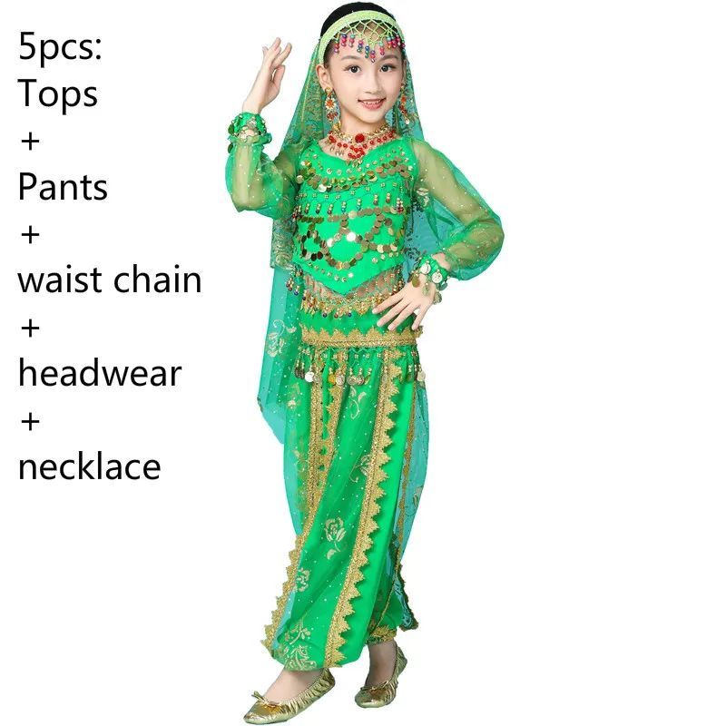 Костюм для танца живота, комплекты для девочек, детское платье для индийского танца, детская танцевальная одежда Для Болливуда, одежда для восточных танцев - Цвет: 5pcs green
