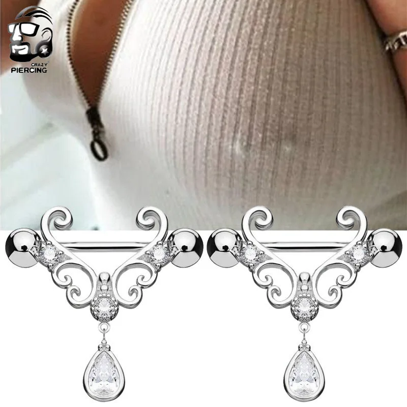 Zircon Water Drop Punk Nipple Shield Piercing Jewelry 1Pair Stainless Steel Crystal Nipple Rings