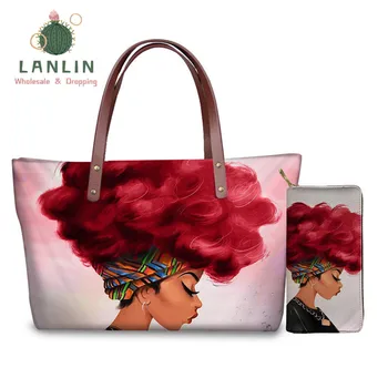 

LALIN Afro Art Women Shoulder Handbags New African American Black Girl Hand Bag Tote 2pcs Travel Purse Wallet for Youth Girls