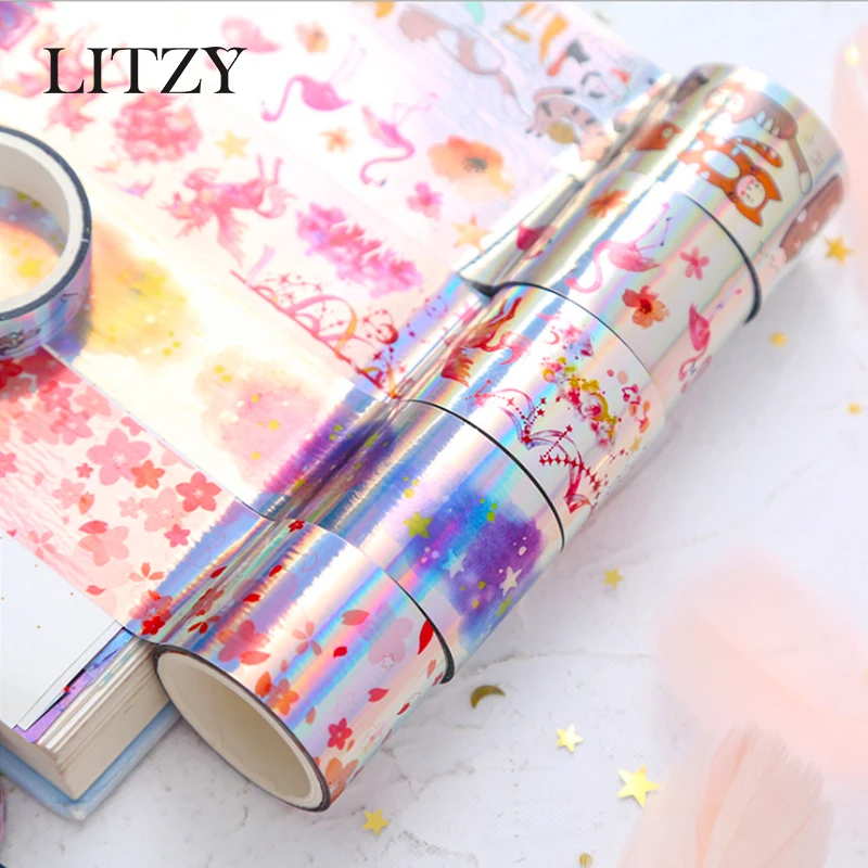 

9 Pcs/lot Laser Unicorn Flamingo Starry Sky Flowers Washi Tape Set diy Decoration for Scrapbooking Masking Tape Adhesive Tape