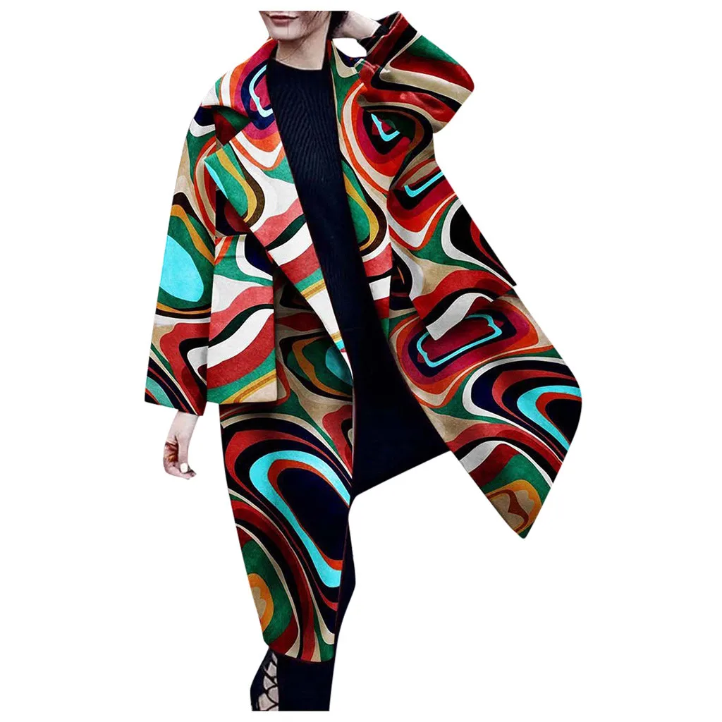 Женское шерстяное пальто осень зима с принтом с отворотом длинный рукав Открытый спереди размера плюс уличная одежда кашемировое шерстяное пальто зимнее