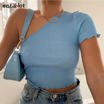 

InstaHot One Shoulder T shirt Short Sleeve Cropped Top Summer Women Sexy Casual t shirt 2020 Solid White Blue Bodycon Tee Top