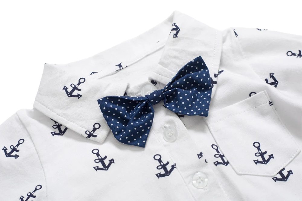 Baby Cotton Anchor Print Romper with Strap Shorts and Bow Tie