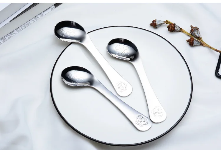 304 Stainless Steel Baby Eating Elbow Training Spoon Cartoon Pattern Creative Infant Practice Spoon