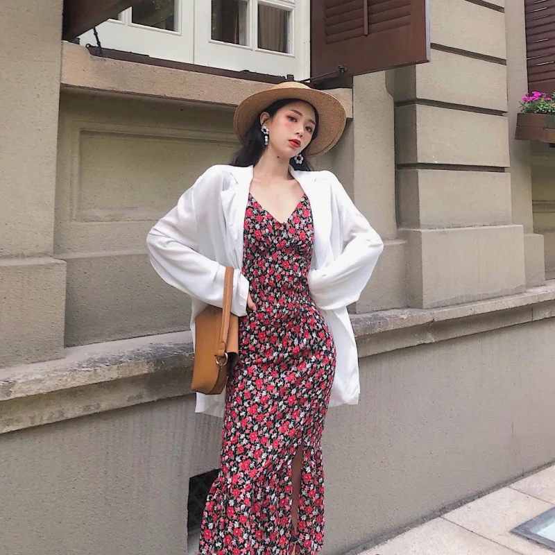 

Photo Shoot 2019 Thin Suit Jacket Elegant V-neck Waist Hugging Floral-Print Suit Dress