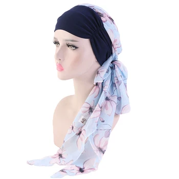 

Floral Printed Muslim Hijab Daily Chiffon Wrap Scarf Accessories Women Headscarf Stretch Chemo Hat Easy Tie Sleeping Bonnet Long