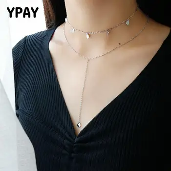 

YPAY Real Sterling Silver 925 Jewelry Double Layer Tassel Long Pendant Necklace for Women Collares Mujer Drop Shipping YMN106