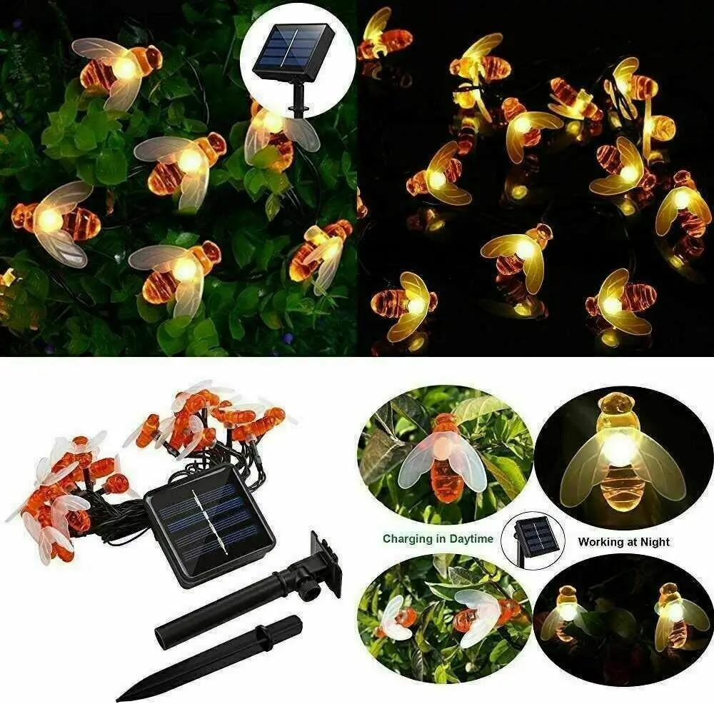 8 Mode LED Simulation Honey Bees Solar Power String Lamp Fairy Lights Battery Garlands Garden Christmas Holiday Decor Outdoor | Лампы и